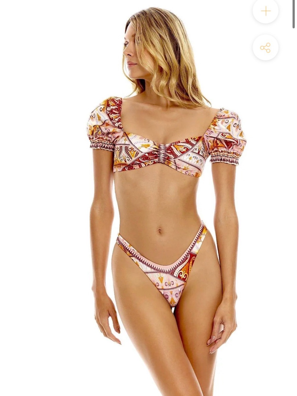 Agua Bendita Pink & Orange Paisley Puff-Sleeve Bikini Set